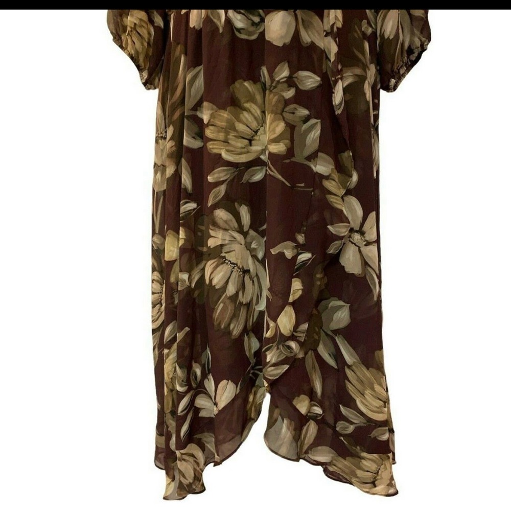 size 22W Gabby Skye Chiffon Wrap Plum Taupe Floral Puff Sleeve Midi Dress - Picture 9 of 10